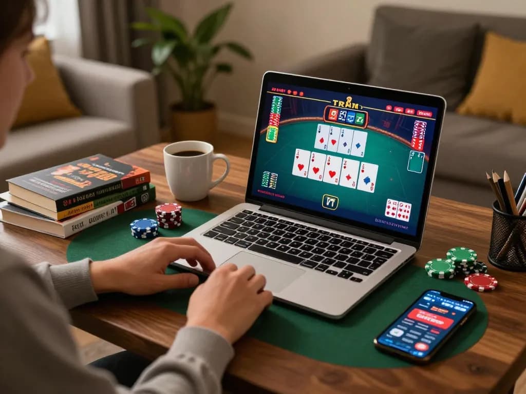 UrbanChandy player enjoying online poker at home with strategic notes nearby.
