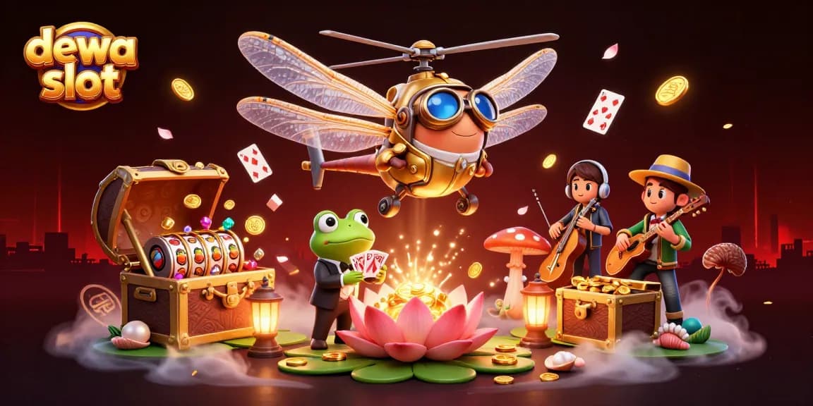 Experience the excitement of dewa slot with a lively depiction of a dragonfly pilot at a lily pad casino.