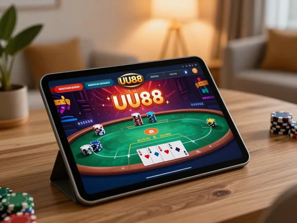 Engage with UU88's exciting online casino poker game on a tablet in a cozy home setting.