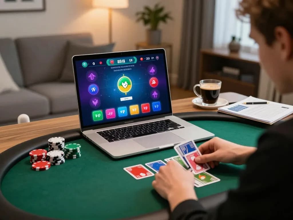 Engaged player participating in a dynamic online poker game at home with uk88 interface displayed
