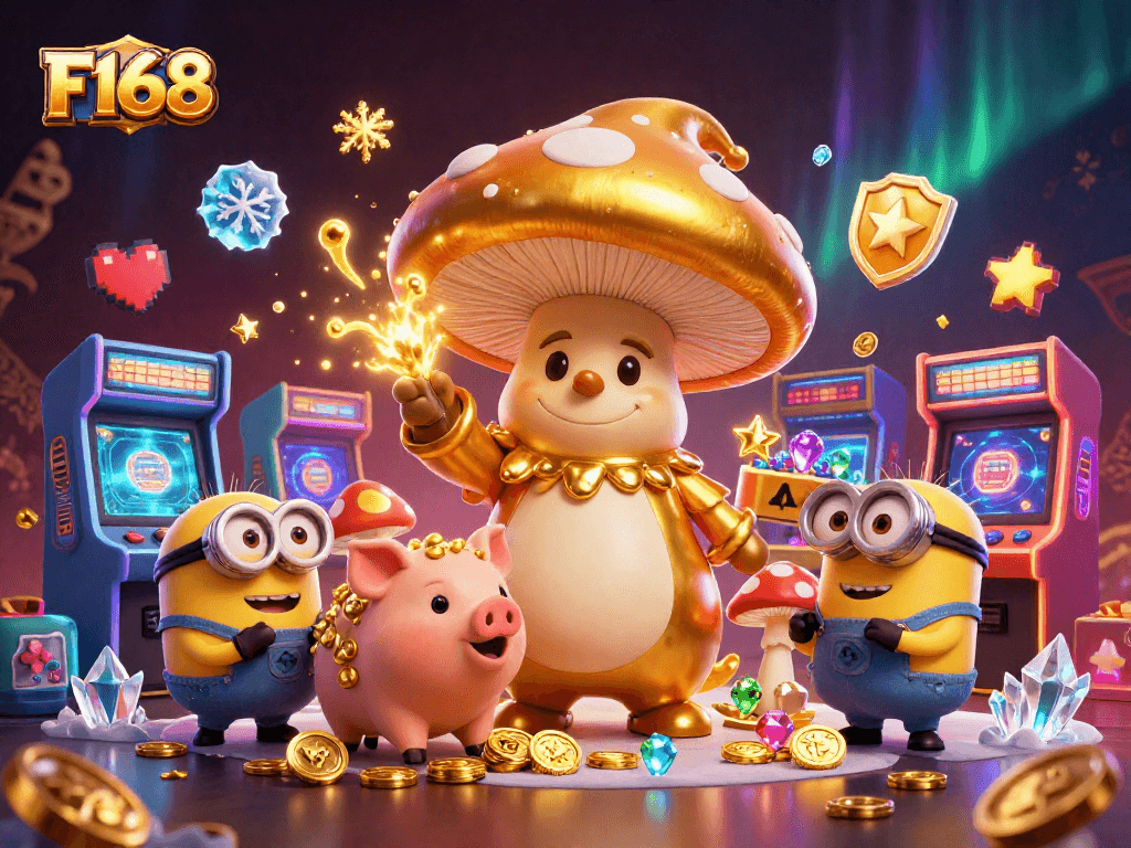 F168 transforms gaming magic into gold with a wizard, treasures, and vibrant casino elements.