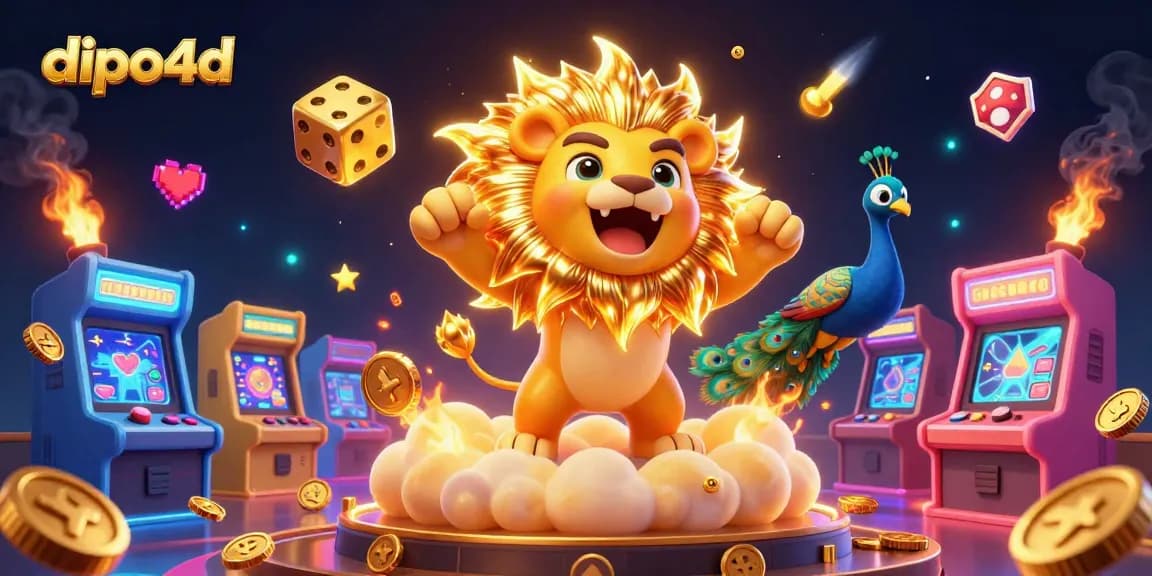 Dive into dipo4d lottery excitement with a dynamic 3D illustration featuring a triumphant sun lion and golden dice.