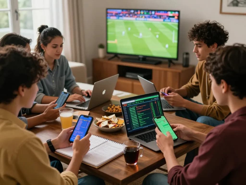 Teman-teman mendiskusikan strategi taruhan mix parley selama hari pertandingan, dikelilingi oleh camilan dan olahraga di TV.