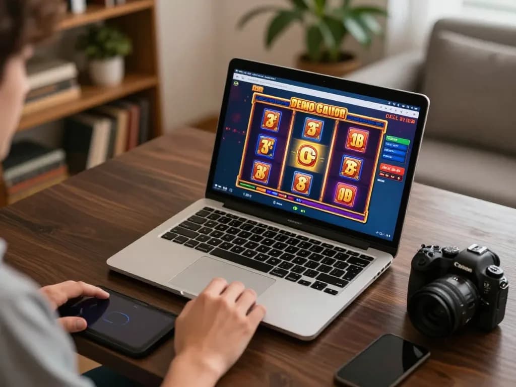 Player exploring Demo Gacor on an online casino game from a stylish home setup.