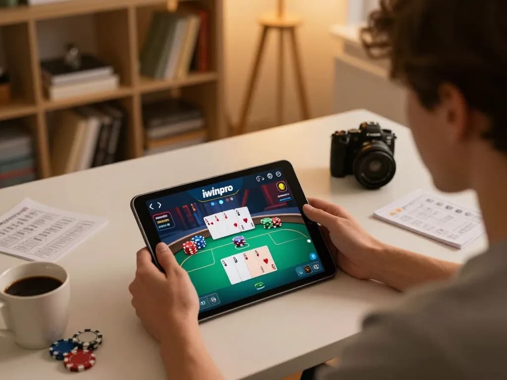 User interacting with the iwinpro app at home, engaging in an exciting online poker game.