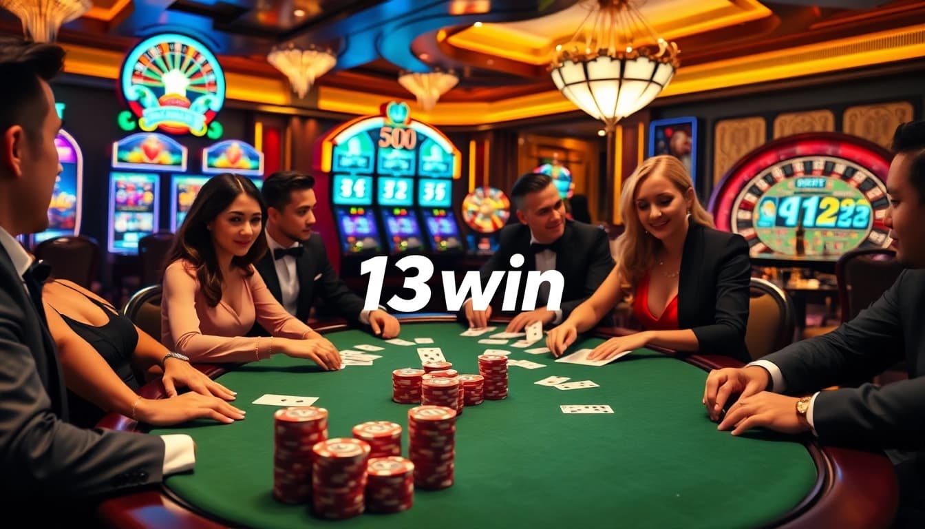 13win poker players engaged in a thrilling game at a luxurious casino table.