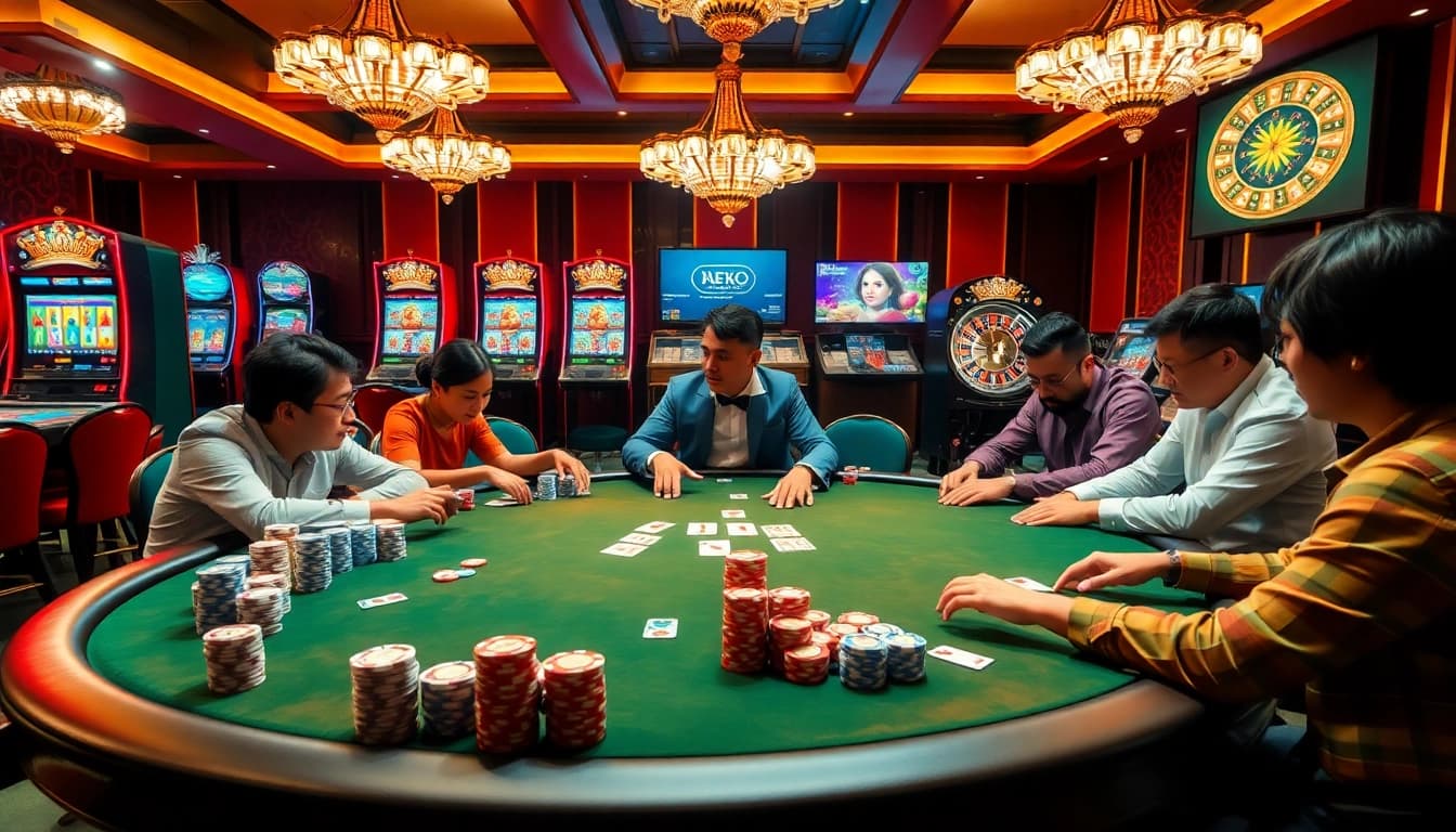 Engaging players at the 68 Game Bài high-stakes poker table amidst vibrant casino ambiance.
