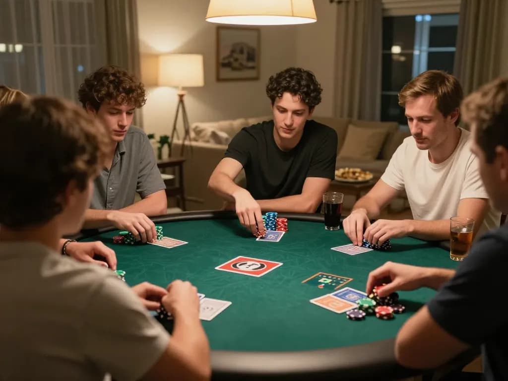 uk88 players strategizing in a lively home poker night with competitive atmosphere