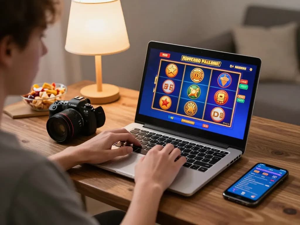 A person engaged with alev oyun sitesi on a laptop, enjoying colorful slots in a cozy home environment.