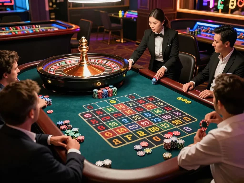 Tg88 players placing bets at a vibrant roulette table in a luxurious casino atmosphere.