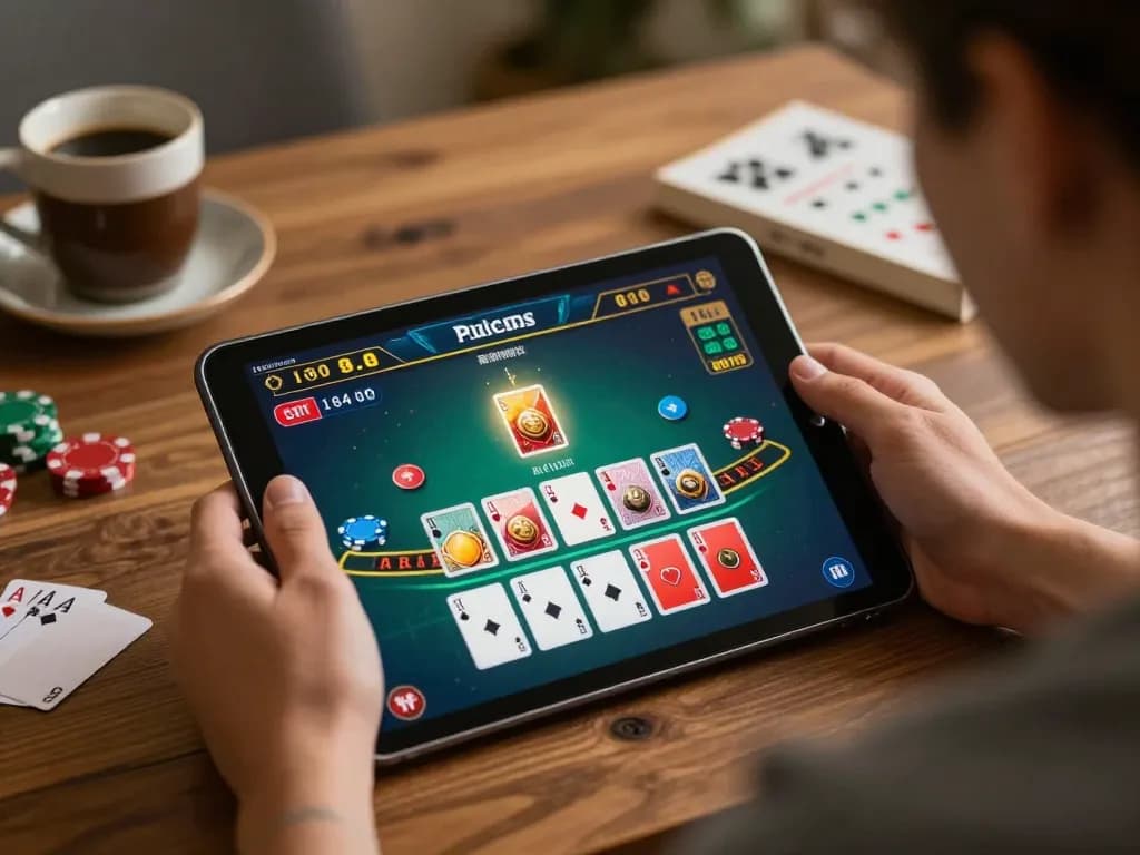 Engaging in a strategic blackjack game on 388bet using a tablet at home, featuring vibrant cards and cozy atmosphere.