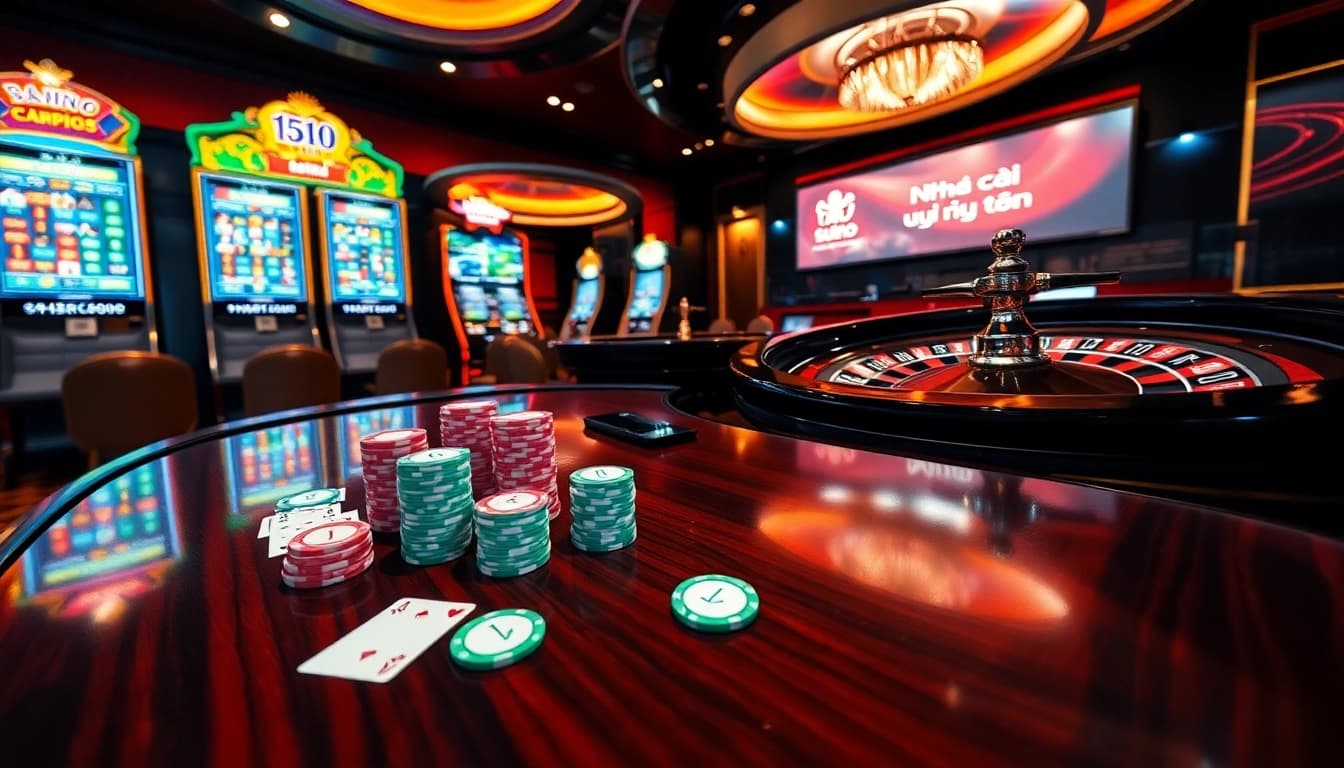 Professional dealer managing a luxury Nhà cái uy tín poker table with stacked chips and digital betting screens