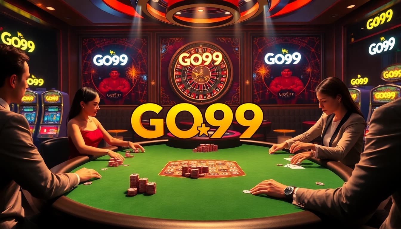 Experience the excitement of GO99 gaming at a luxurious casino table with poker chips and cards.