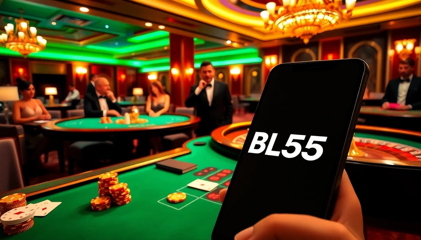 Experience high-stakes gaming at BL555 with vibrant casino visuals, poker chips, and roulette.