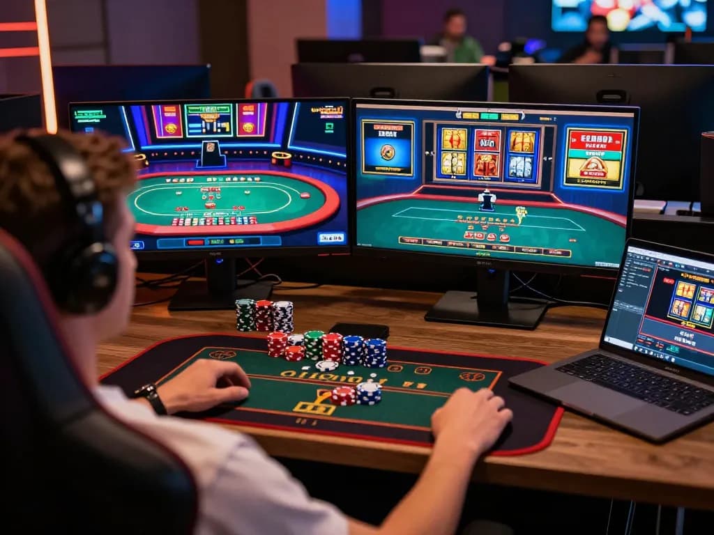 Pengaturan permainan online BOM88 dengan blackjack dealer langsung dan permainan slot interaktif, menampilkan ruang kerja gaming profesional