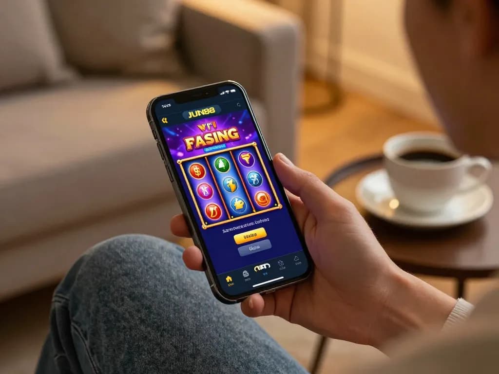 Player enjoying JUN88 casino app on their smartphone while relaxing at home