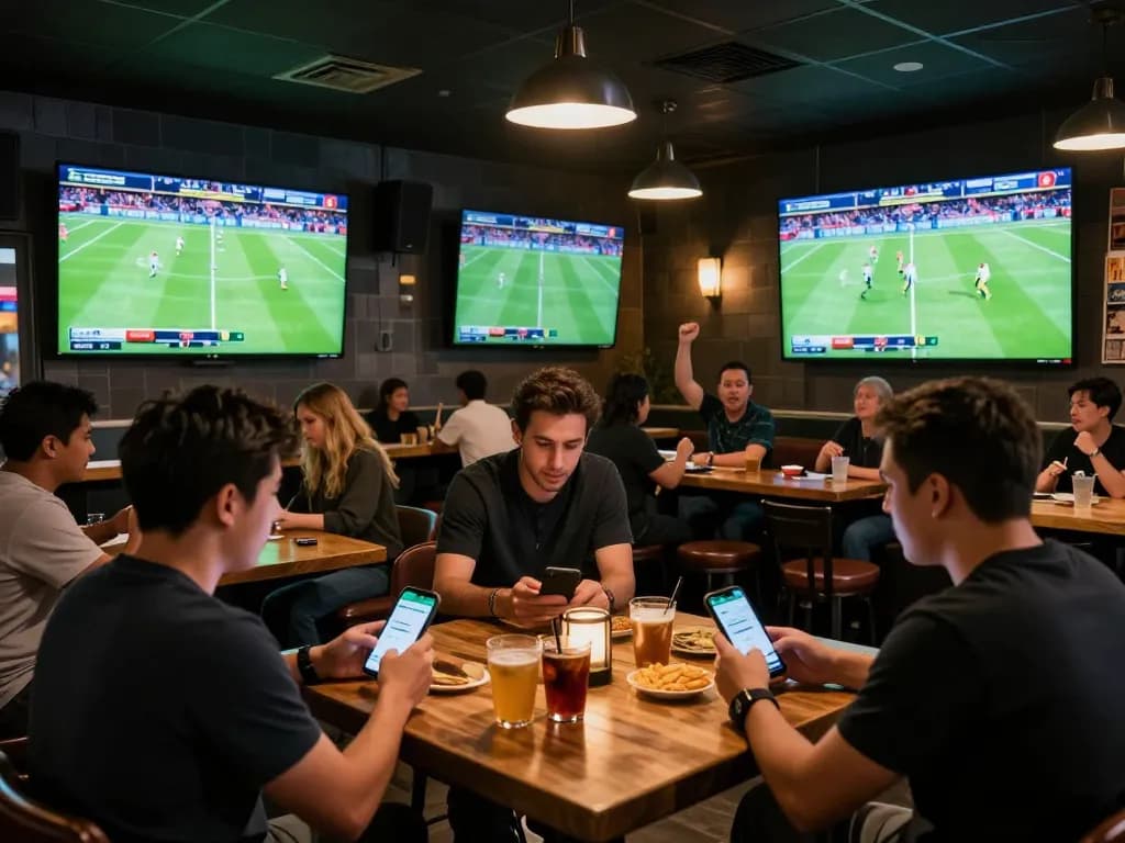 Excited crowd analyzing tỷ lệ kèo nhà cái while placing bets on live football matches in a lively sports bar