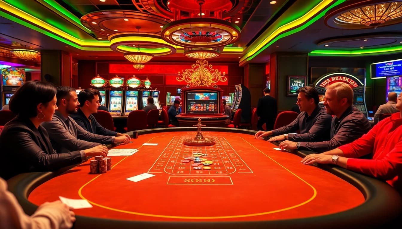 SODO casino scene depicting a vibrant poker table surrounded by players with colorful chips and glowing slot machines.