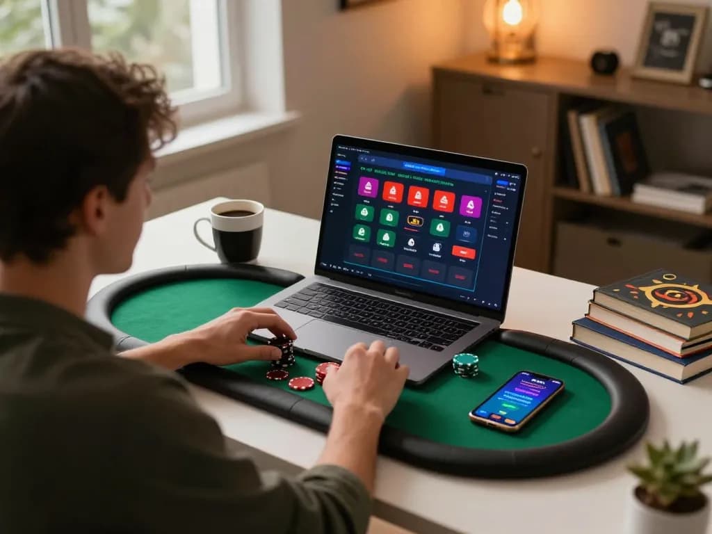 Engaging online poker session at https://shbet.free/ with laptop interface and strategic notes