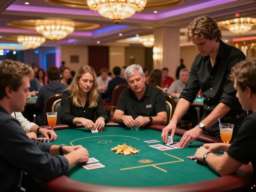 Watch players strategizing at go99com poker tables in an upscale casino atmosphere.