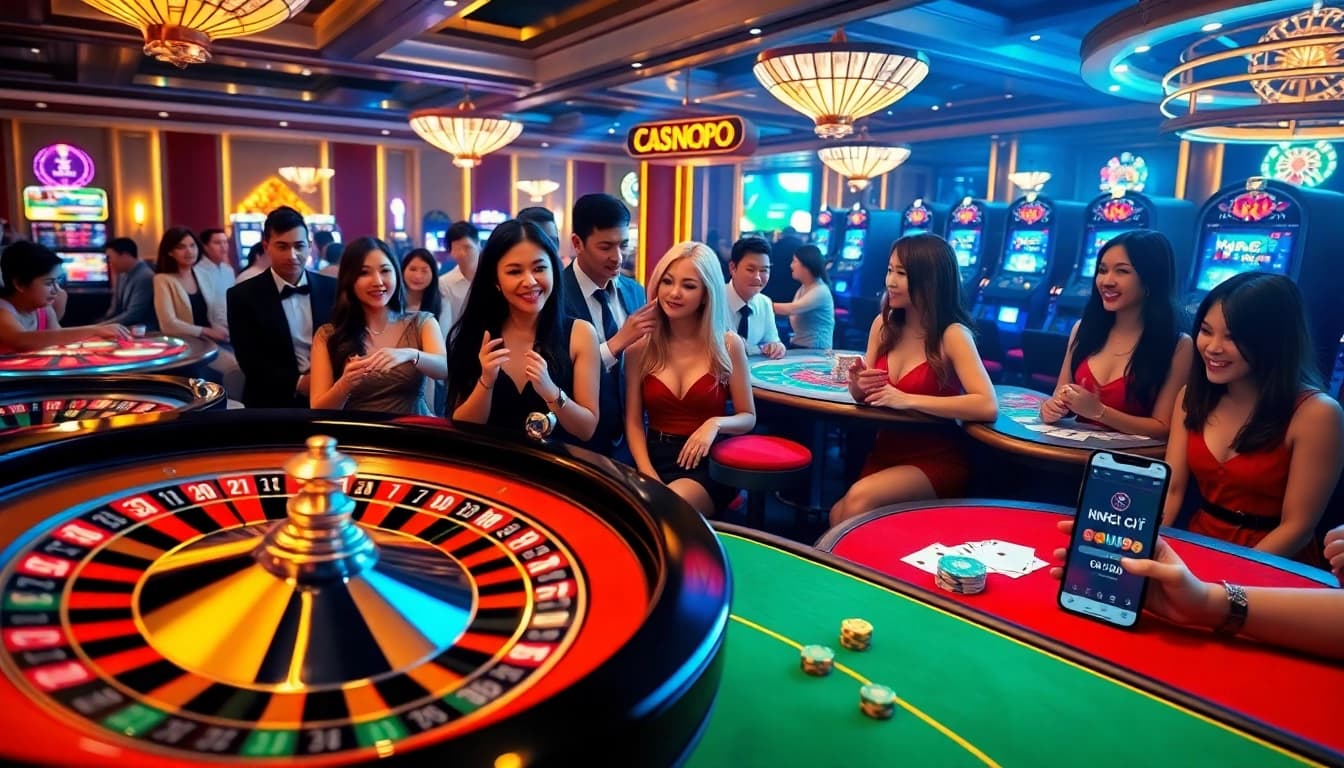 Exciting casino scene showcasing NHÀ CÁI NOHU90 with roulette, dealers, and modern gambling features.