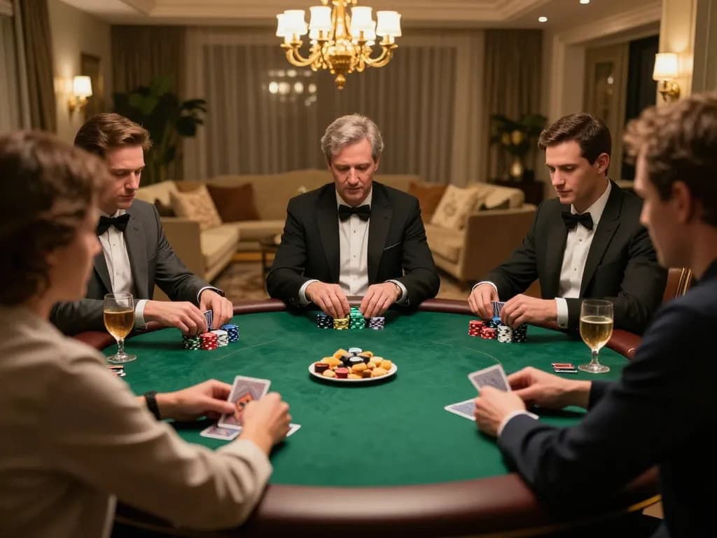 Players at a high-stakes poker game in a luxurious home setting enjoying a game with HD88 strategies.