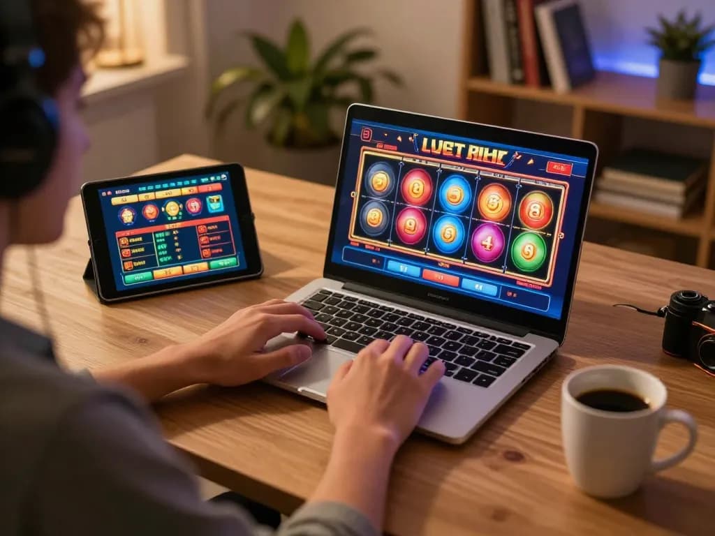 Pemain menikmati permainan slot jus77 langsung di laptop, menampilkan opsi taruhan strategis dan suasana rumah yang nyaman.