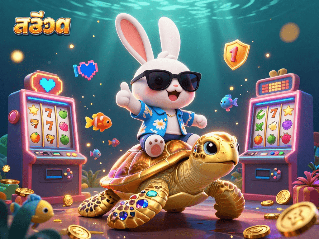 Experience the excitement of สล็อต with a lucky rabbit and golden turtle in a vibrant casino scene.