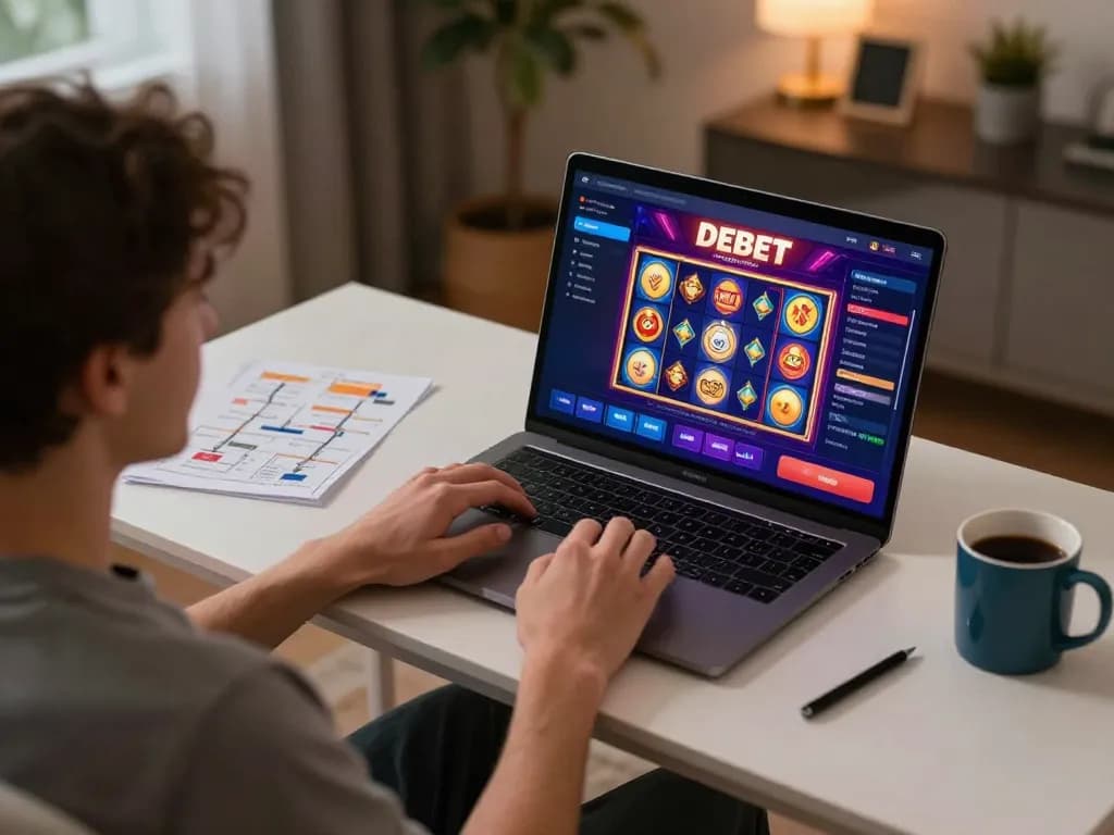 Engaging online gaming scene showcasing DEBET casino experience on laptop screen with personal touches.