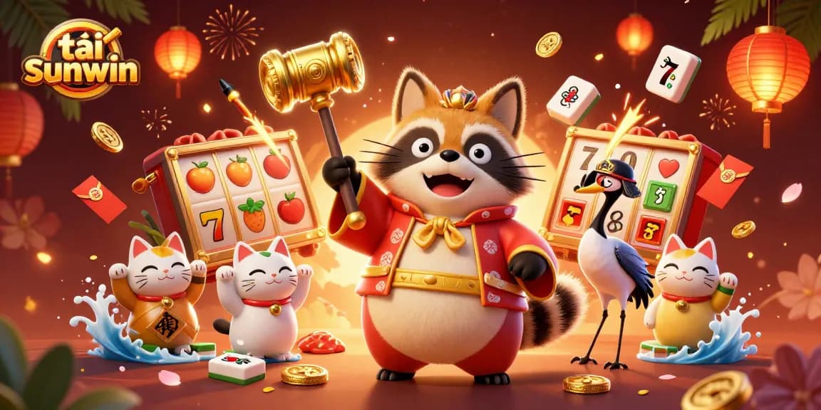 Engage in gaming with tải sunwin featuring cheerful tanuki and lucky symbols in a vibrant scene.