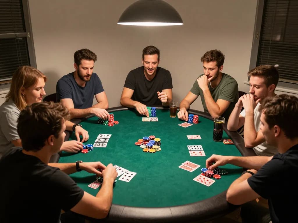 Friends enjoying a thrilling poker night at home, focused on gameplay while using 789win gaming strategies.