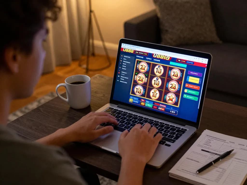 Person engaging with U888 online casino on laptop screen in a cozy home setting
