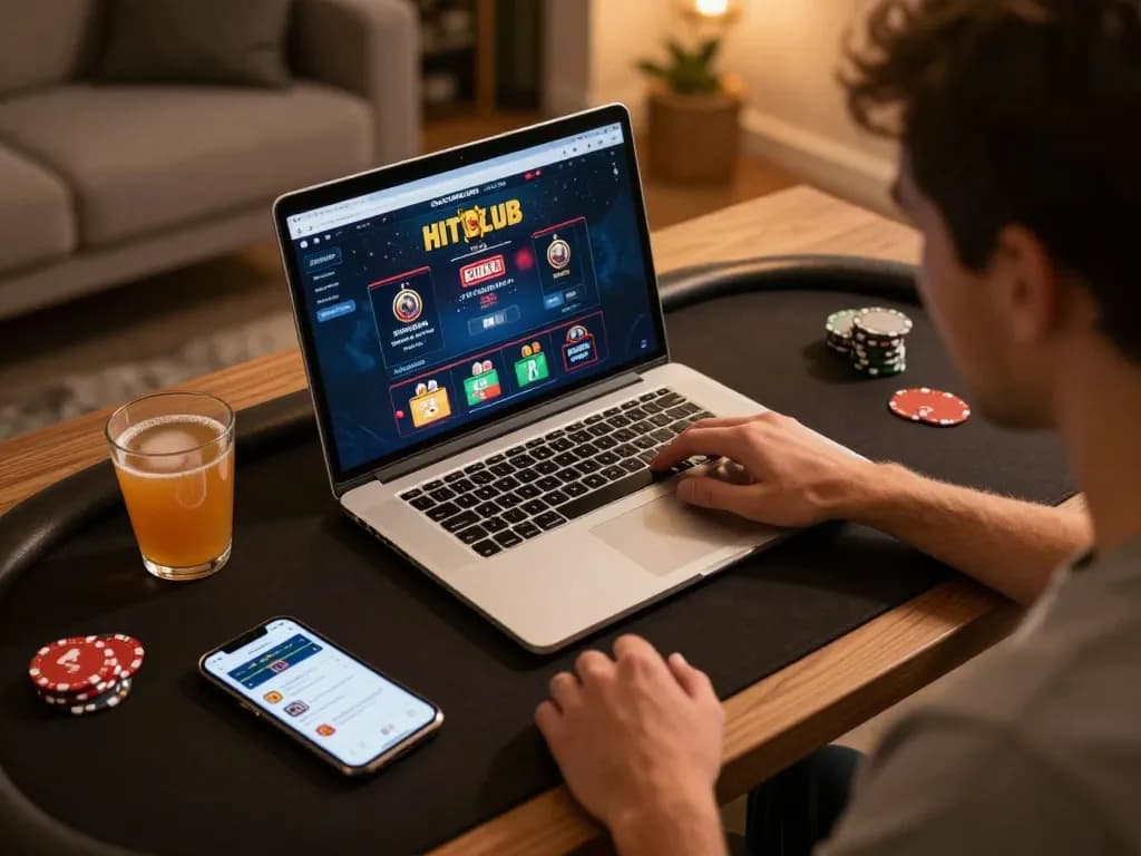 Engaged player exploring the HITCLUB poker interface from home, emphasizing strategic gameplay.