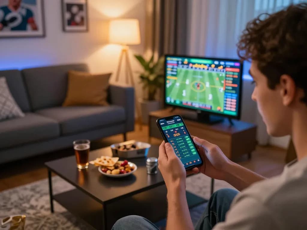 Engaged user betting on cm88 sports app, showcasing excitement in a cozy living room setup.