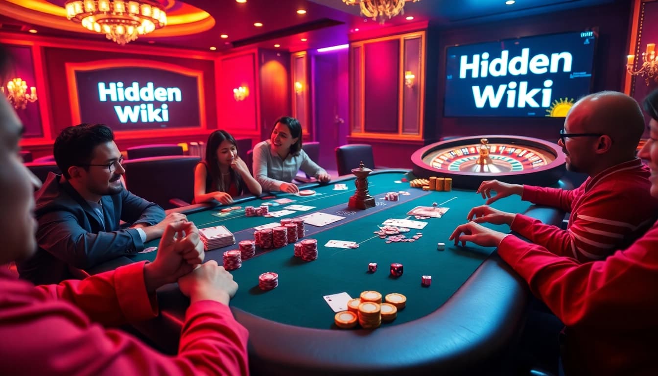 Gambling scene featuring a vibrant poker table with chips and cards; Hidden Wiki theme included.