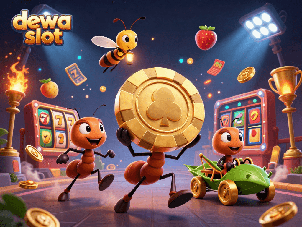Engage with the dewa slot world, as ants heist a golden poker chip in an action-packed tunnel scene.