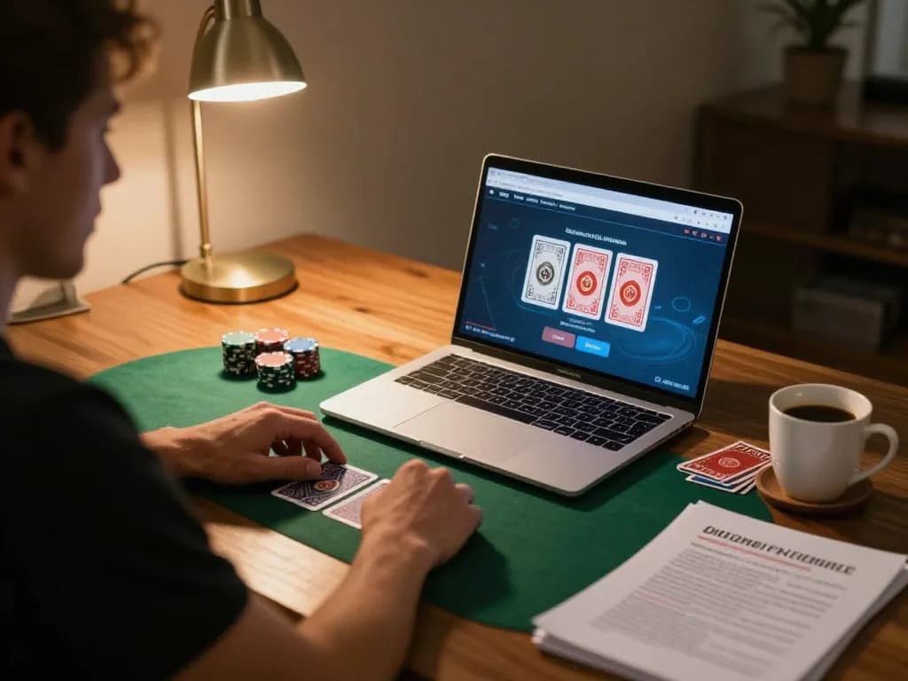 Player engaged with TR88 chính thức online poker on a laptop surrounded by strategy notes