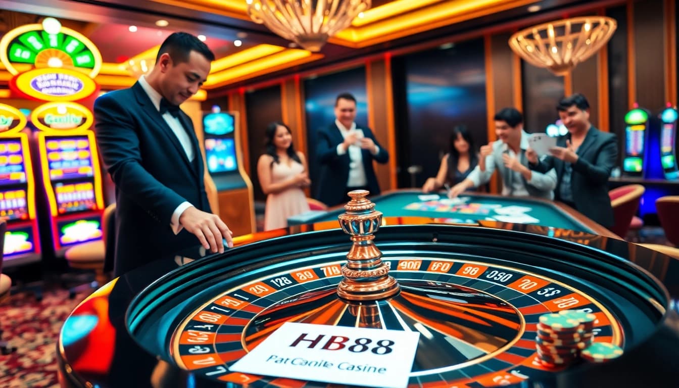 Players enjoying a thrilling HB88 gaming experience at a luxurious casino with roulette and poker tables.
