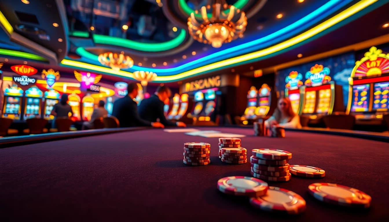 Players enjoying a thrilling card game at 18vip娱乐 casino, amidst vibrant colors and luxury.