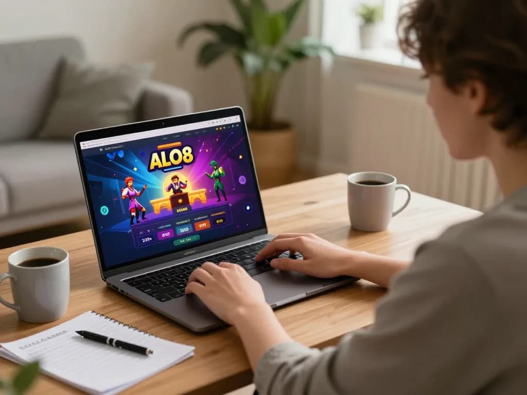Player engaging in ALO8 online gaming with laptop, showcasing a vibrant casino experience