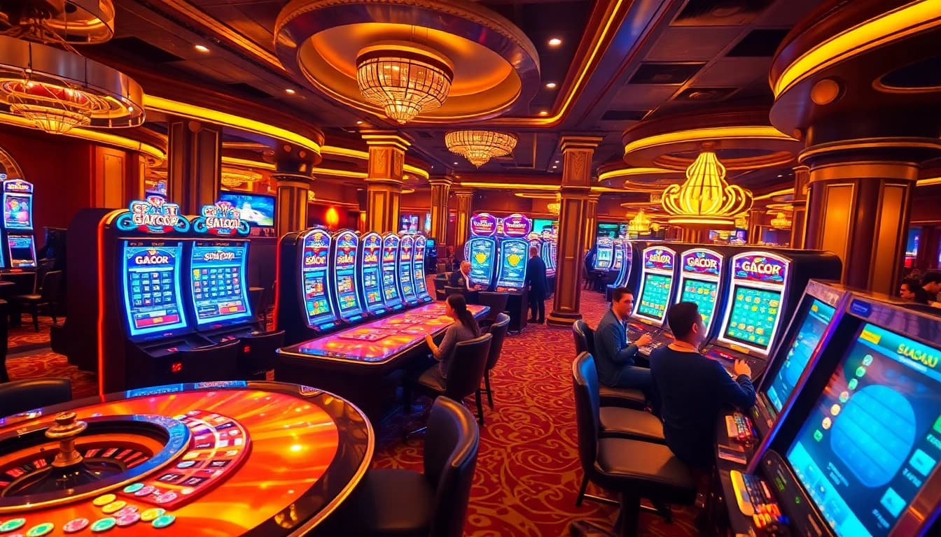 Exciting scene of Slot Gacor machines in a luxurious casino environment, showcasing vibrant gaming.