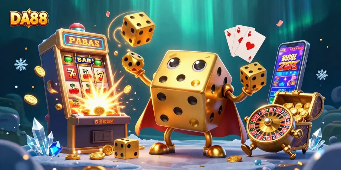 DA88 features a lively 3D casino scene showcasing exciting gaming elements and golden dice.