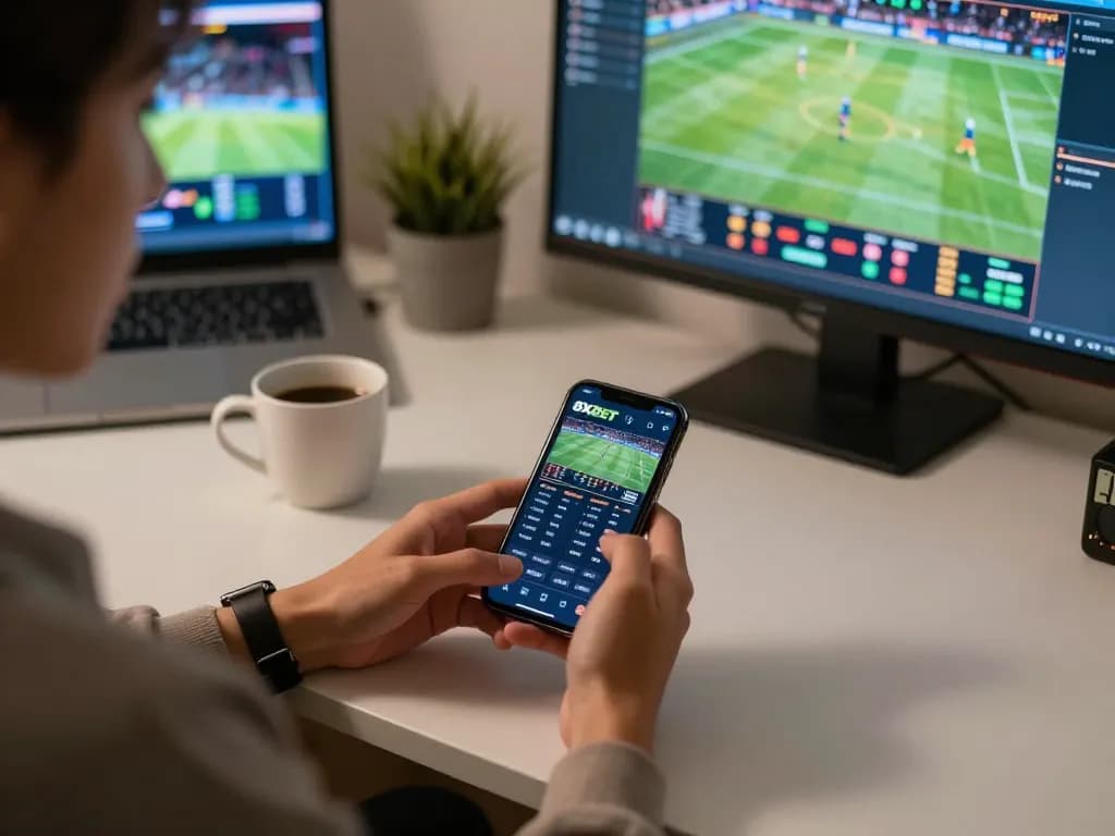 Engaging with the 8xbet app for live sports betting in a cozy home office setting.