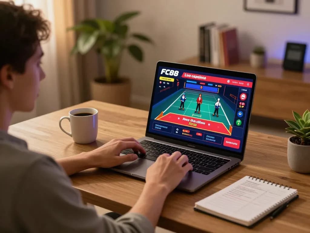 Engaging in FC88 live casino gaming at home with laptop and betting strategies visible.