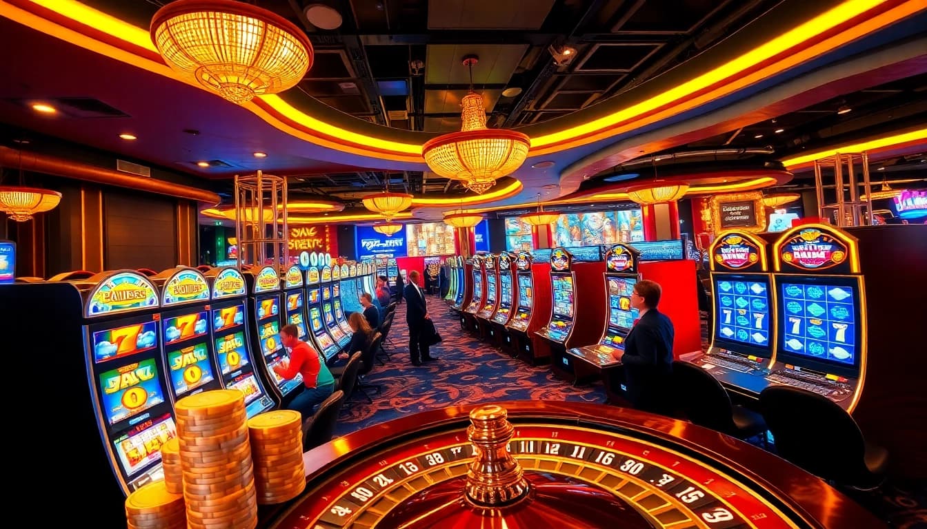 Pemain menikmati mesin slot yang menarik di kasino rajampo, menunjukkan gameplay yang hidup dan suasana yang meriah.