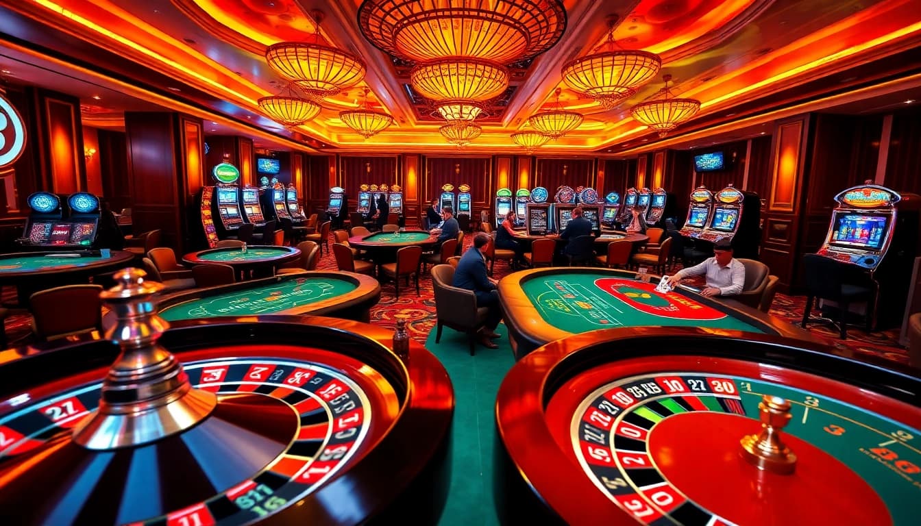 BK8 casino scene showcasing players engaging at roulette and poker tables in an exhilarating atmosphere.