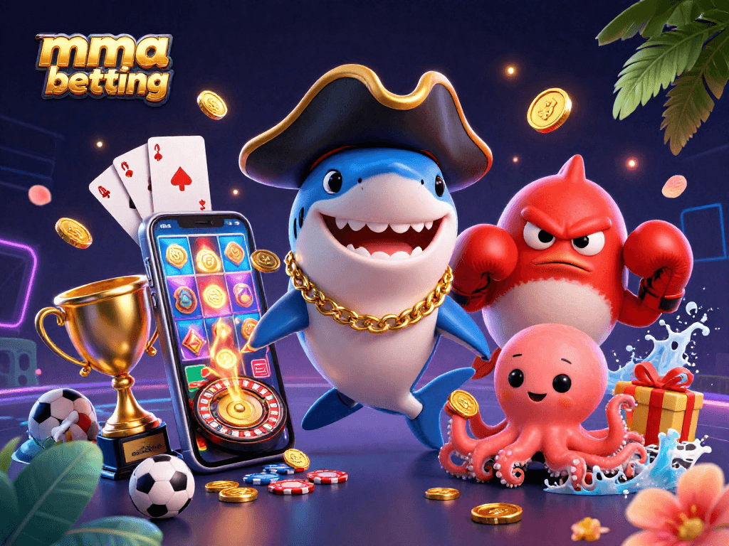 Engage in mma betting with a dynamic illustration of a shark, pufferfish, and octopus surrounded by sports elements.