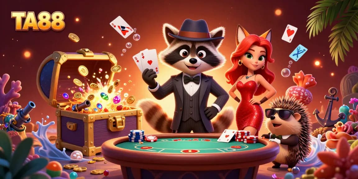 Experience excitement with TA88 as a suave raccoon and fox lady celebrate a royal flush amid casino treasures.