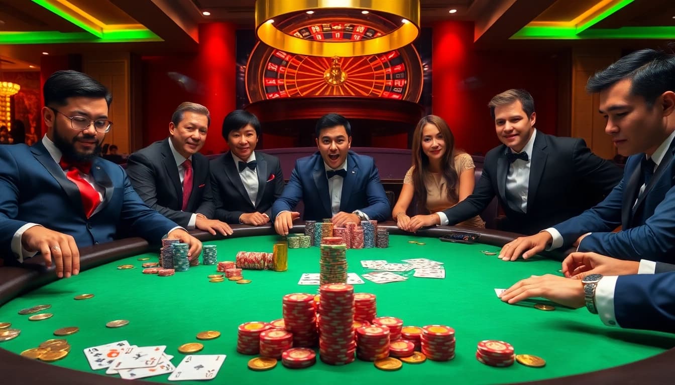 Lu88 poker game with colorful chips and excited players enjoying high-stakes betting.