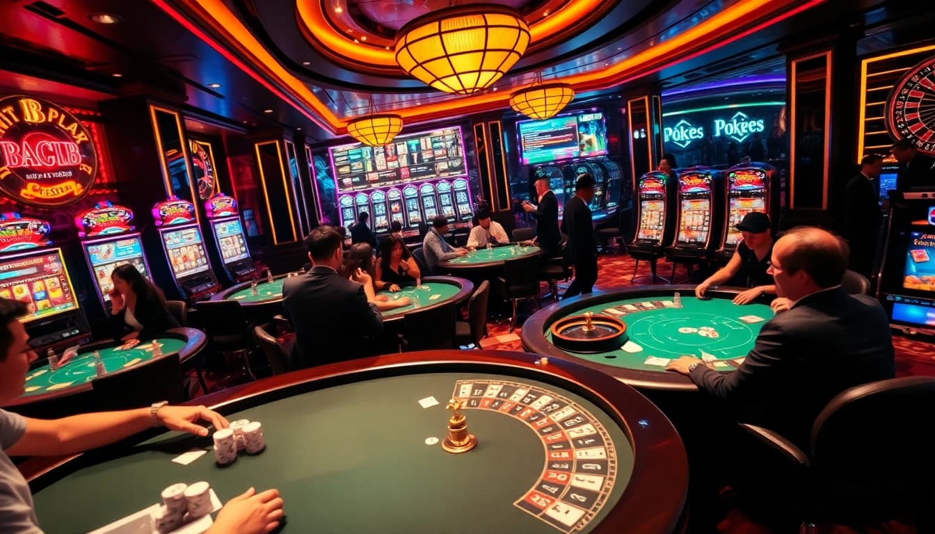 Hitclub casino scene with players at poker tables and vibrant slot machines.